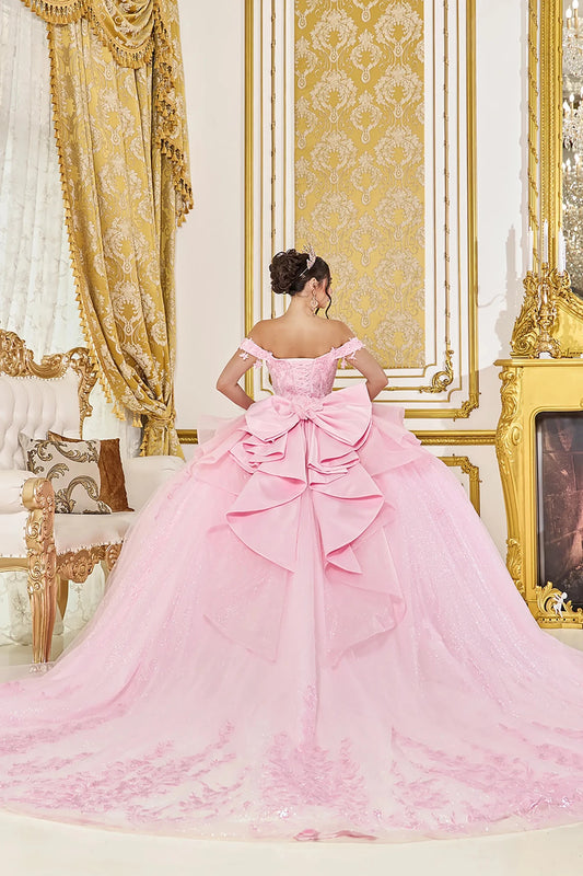 Back Full-length view of Dreamy Pink Off-Shoulder Corset Quinceañera Ball Gown