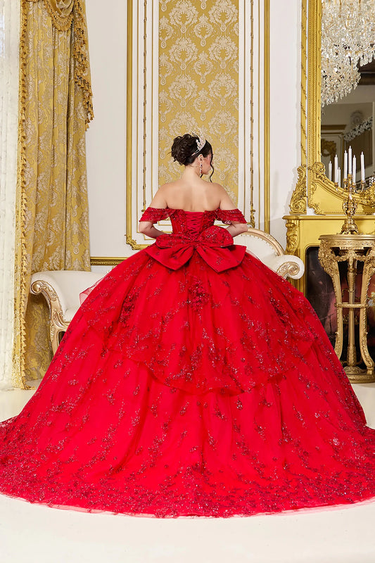 Back Full-length view of Striking Red Off-Shoulder Corset Quinceañera Ball Gown