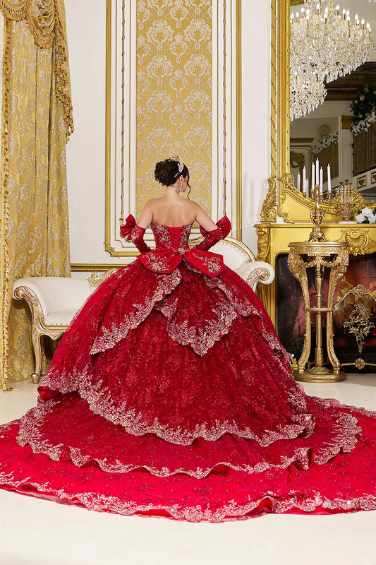 Back Full-length view of Dazzling Red Strapless Corset Quinceañera Ball Gown with Bow Sleeves