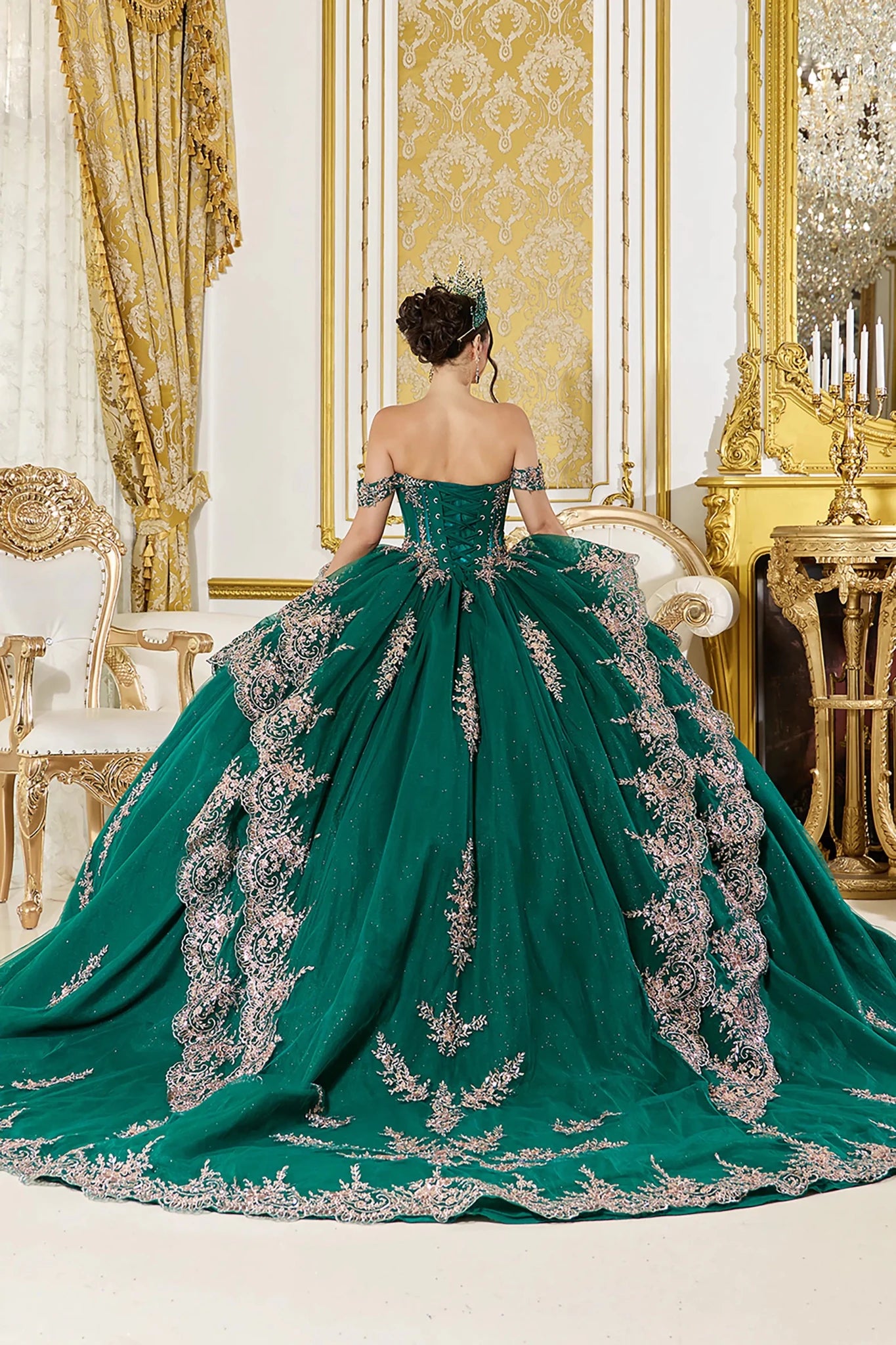Back Full-length view of Elegant Hunter Green Off-Shoulder Quinceañera Ball Gown