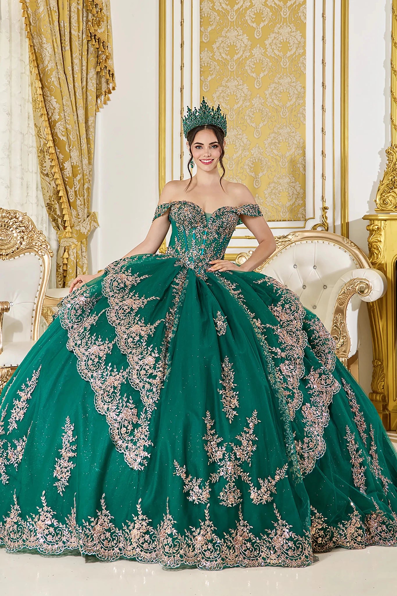 green and gold quinceanera dresses Hunter Quinceañera Dress Glitter with Cathedral Train L / Green Women's Tutu Dress Buying It comes with a Size:9-12Months Size:Size S