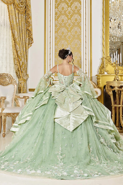 Back Full-length view of Romantic Sage Lace Appliqué Quinceañera Ball Gown