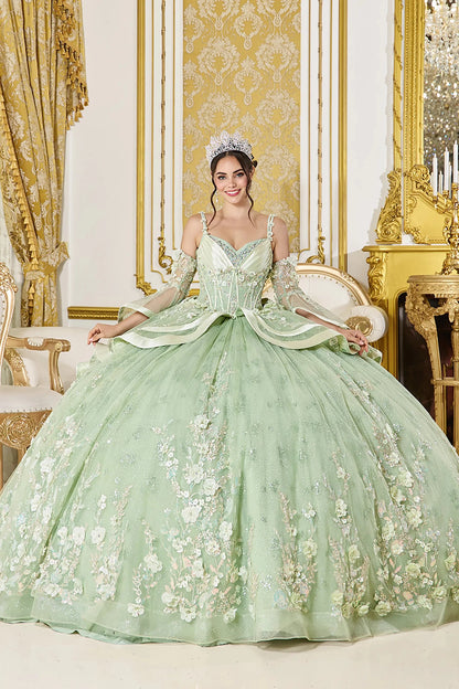 Woman in Sage off-shoulder quinceañera ball gown with lace appliqué and embroidered tulle skirt.