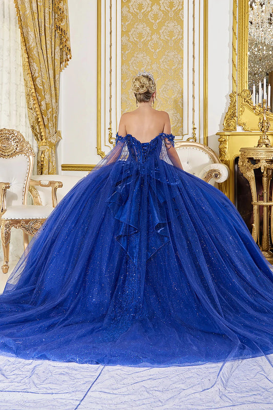 Back Full-length view of Majestic Royal Blue Illusion Corset Quinceañera Ball Gown