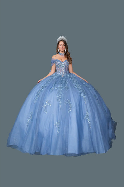 Front view of smoky blue quinceañera ball gown with off-the-shoulder sweetheart corset bodice, floral embroidery, and full layered glitter tulle skirt on a clean background