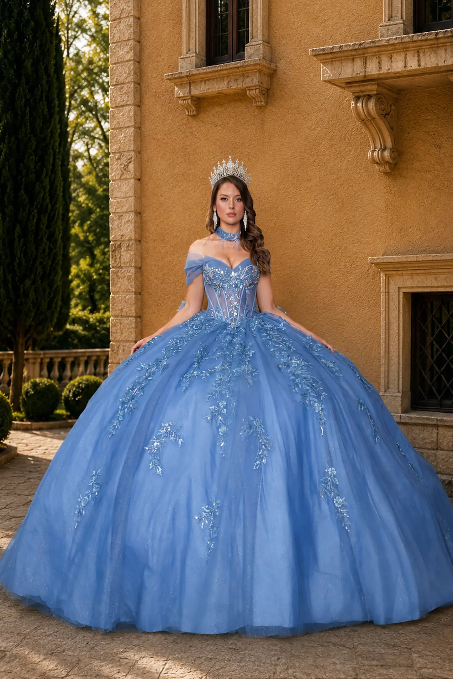 smoky blue quinceañera dress with off-shoulder corset, floral embroidery and glitter tulle skirt