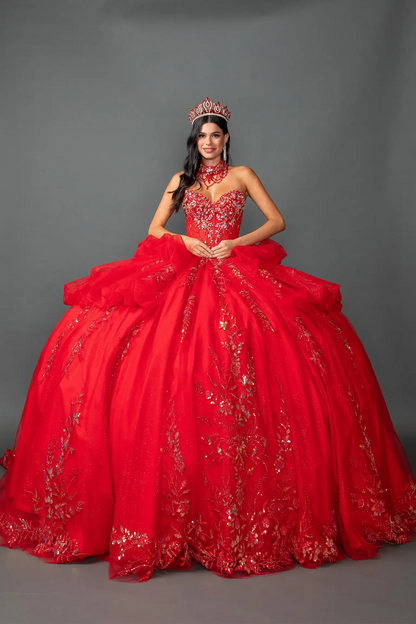 Woman in Red off-shoulder quinceañera ball gown with beaded corset and layered glitter skirt.