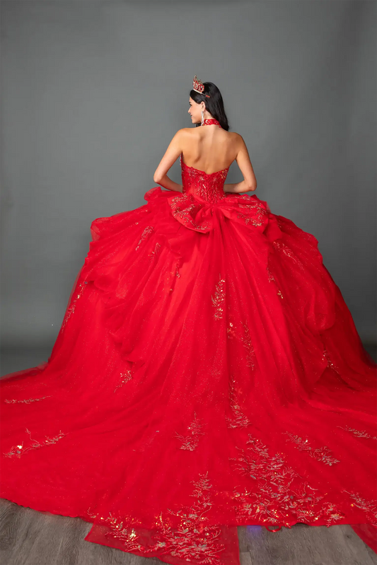 Back Full-length view of Gorgeous Red Off-Shoulder Corset Quinceañera Ball Gown