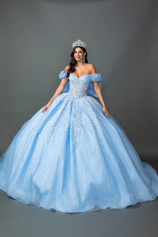 Front view of a woman wearing a Blue quinceañera dress with off-shoulder sweetheart, 3D floral beaded appliques