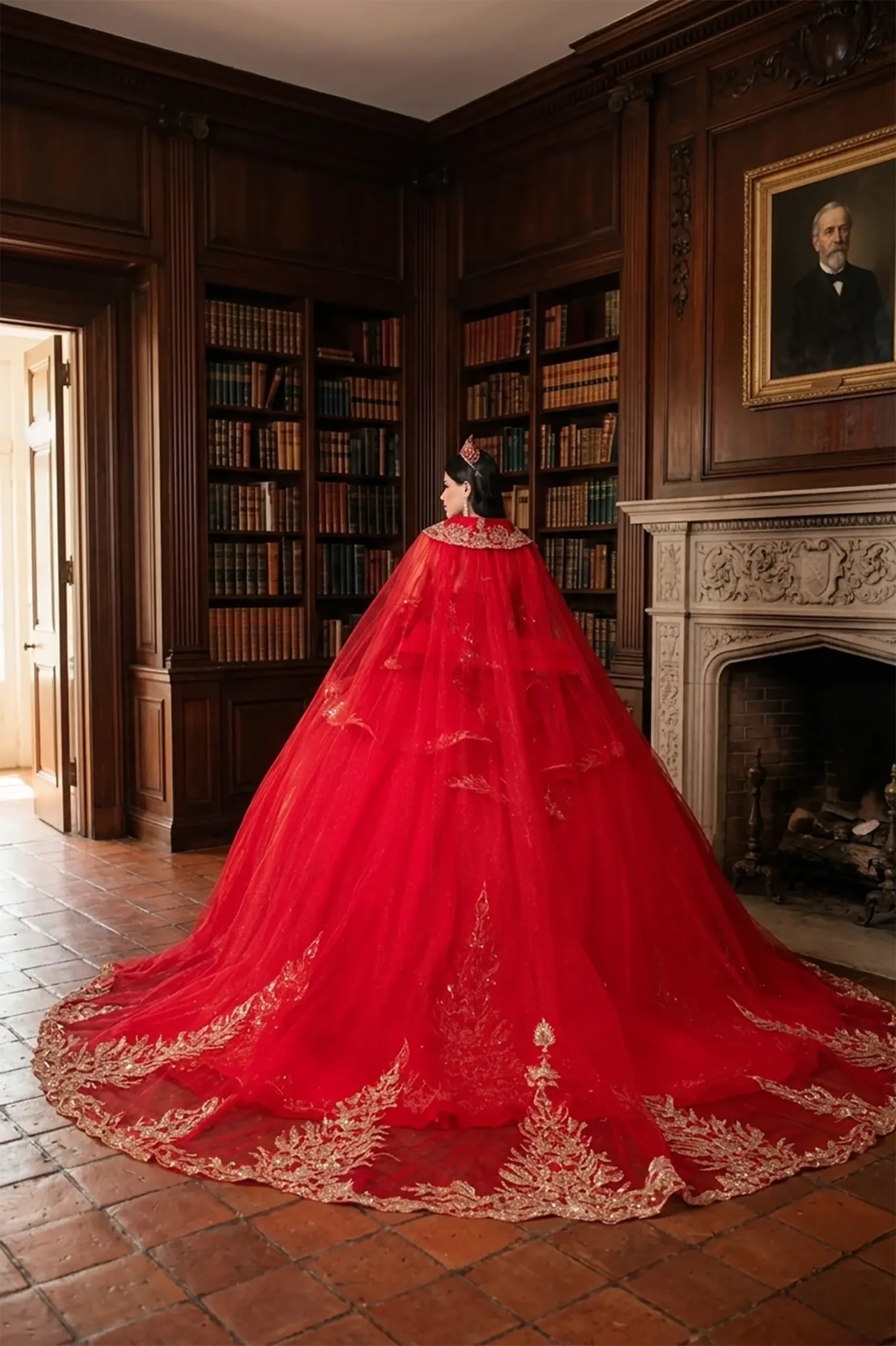 Woman back-facing in red off-shoulder ball gown quinceañera dress with detachable hooded cape, and cascading tulle skirt