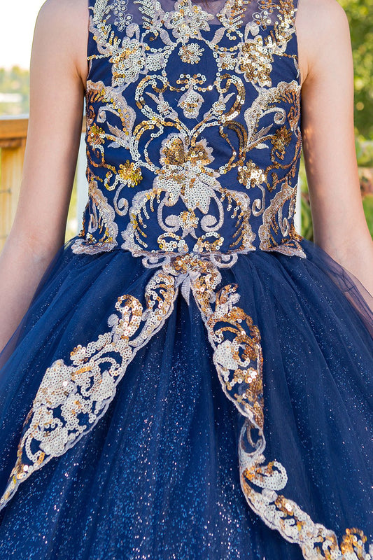 Kid wearing navy mini quince dress with glittered two-tone lace satin tulle front detail