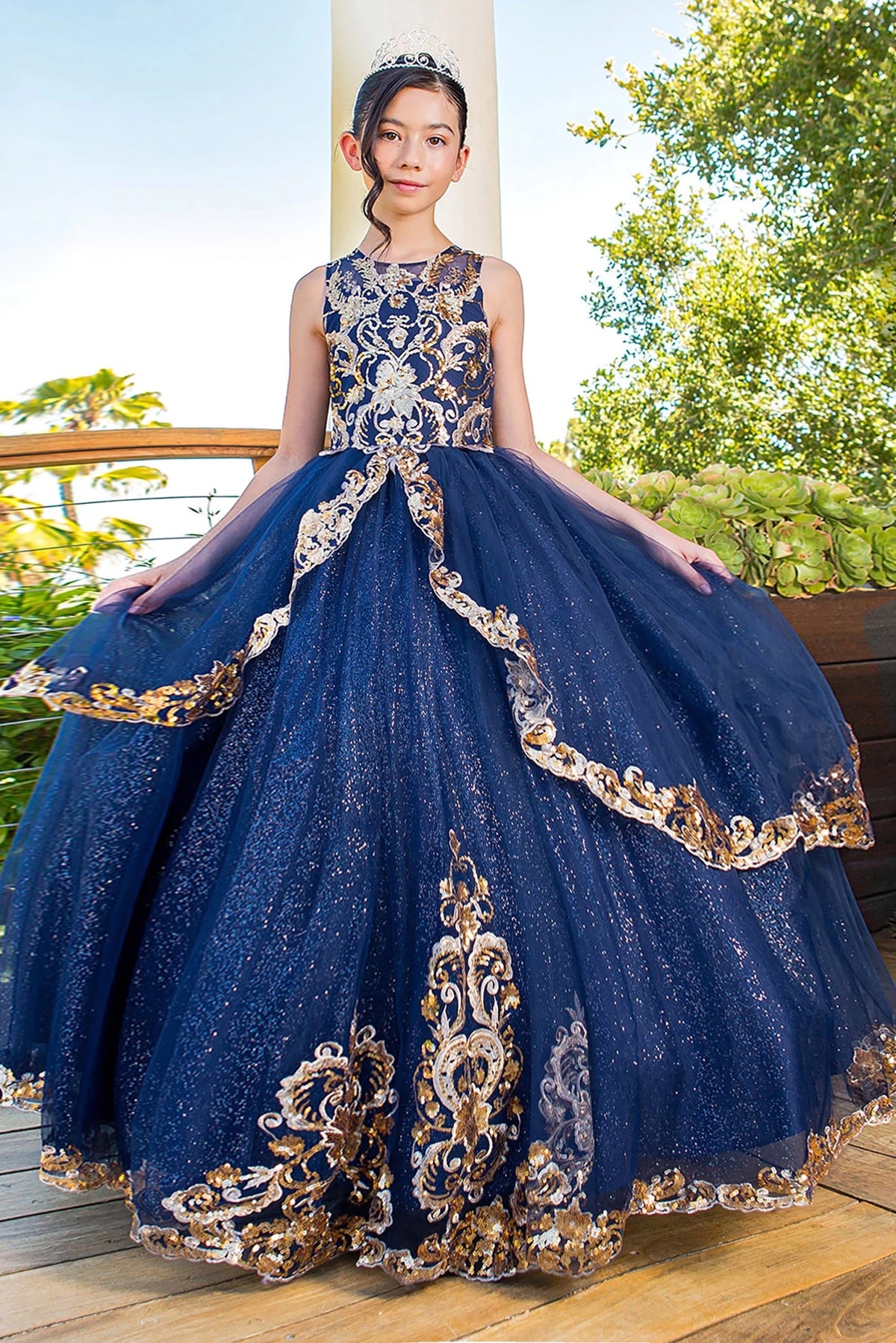 Navy mini quince dress with glittered two-tone lace satin tulle wired skirt.