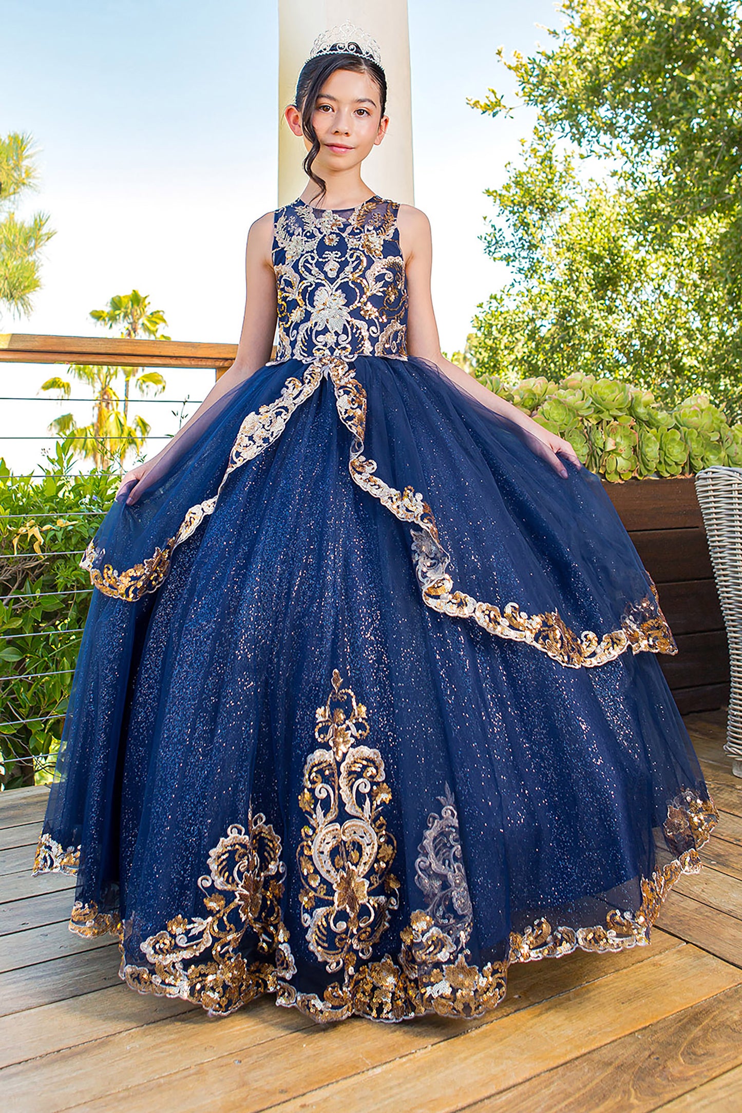 Elegant Glittered Two-tone Golden lace Satin Tulle with Patch Lace Wired Skirt Mini Quince Dress - Front view of girl wearing dress with hands on skirt