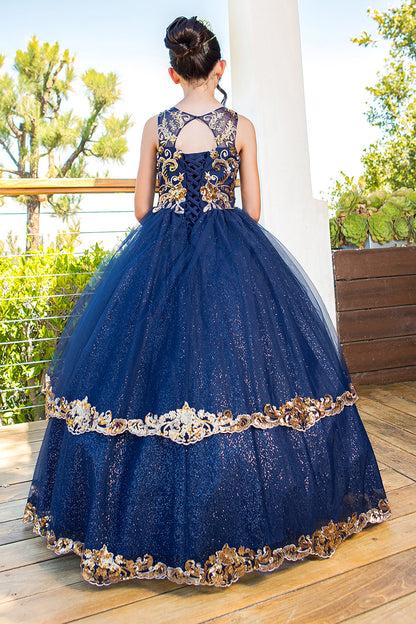 Elegant Glittered Two-tone Golden lace Satin Tulle with Patch Lace Wired Skirt Mini Quince Dress - back view of girl wearing dress showing gorgeous pattern and details of the dress