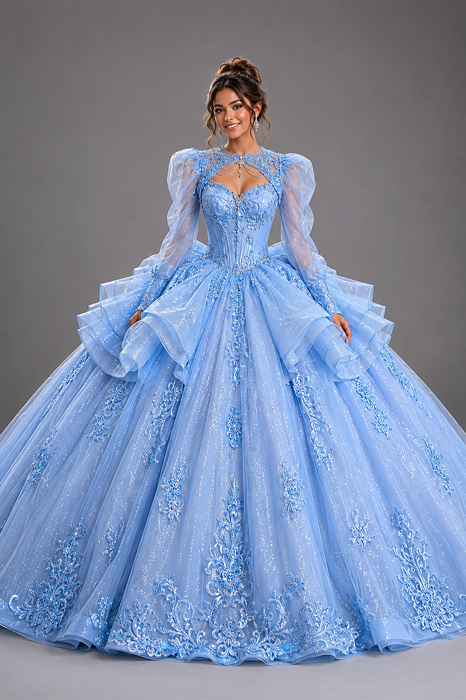 Front view of a woman wearing bahama blue quinceañera dress featuring high neck bodice, detachable puff sleeves, tiered ruffles, and glitter tulle