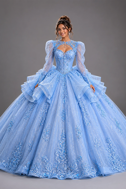 Front view of a woman wearing bahama blue quinceañera dress featuring high neck bodice, detachable puff sleeves, tiered ruffles, and glitter tulle