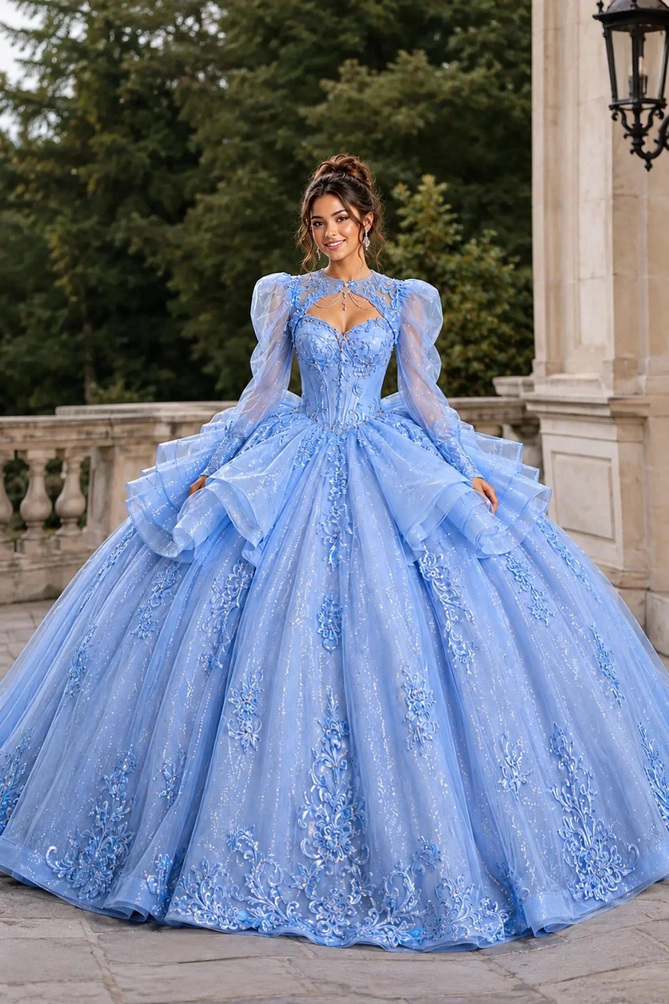 Front view of a woman wearing bahama blue quinceañera dress featuring high neck bodice, detachable puff sleeves, tiered ruffles, and glitter tulle