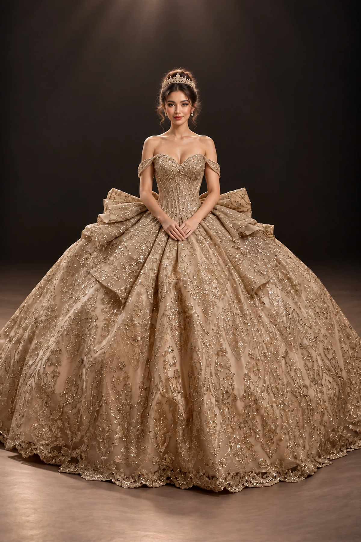 Gold glitter embroidered quinceanera dress with beaded bodice, full front view
