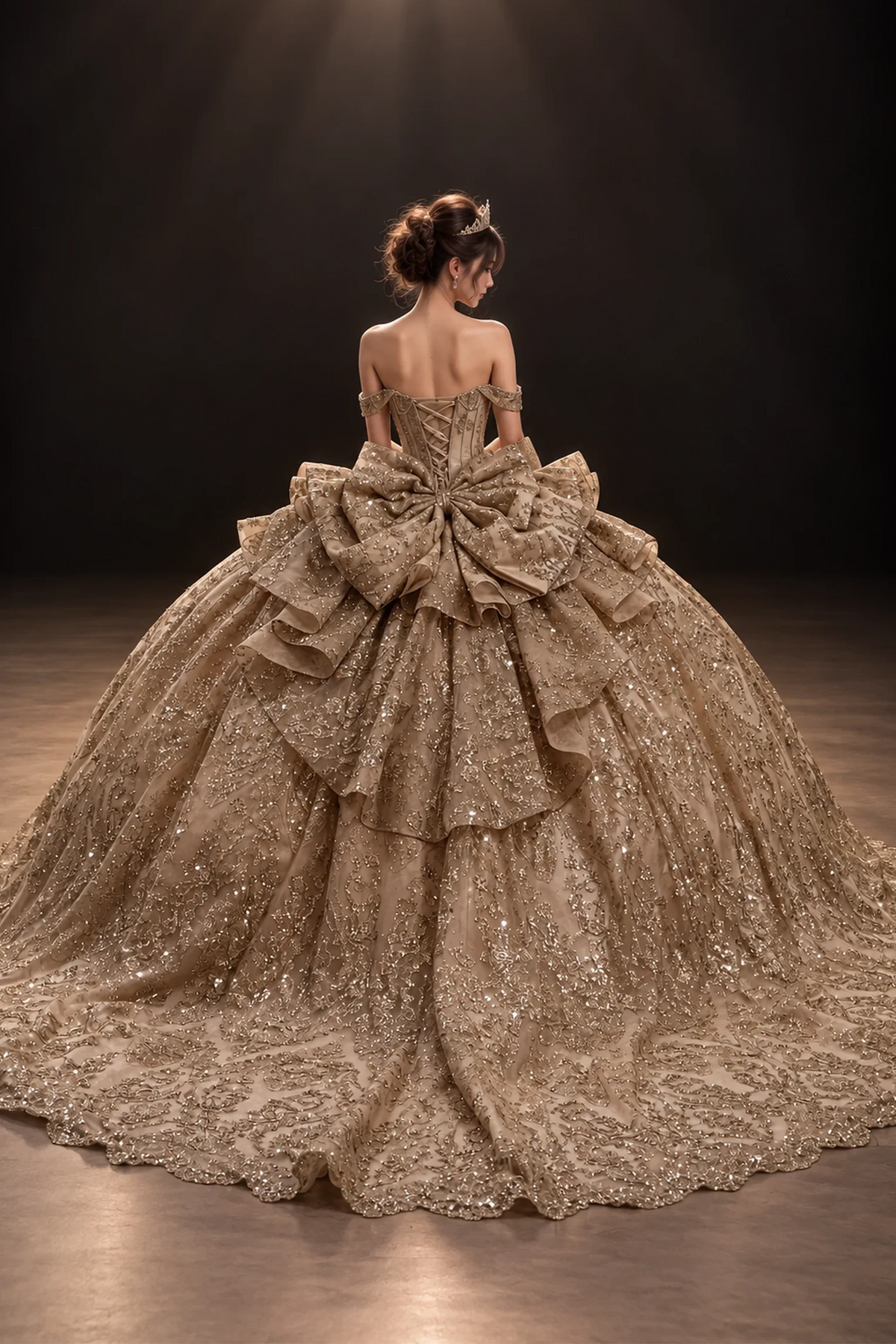 Gold glitter embroidered quinceanera dress with lace-up back and bow, full back view