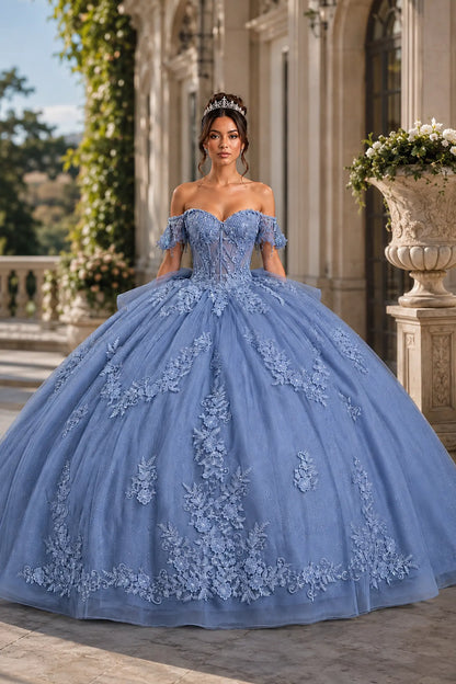 soft blue quinceanera ball gown with off-shoulder sweetheart bodice, glitter tulle, and cascading floral lace appliques