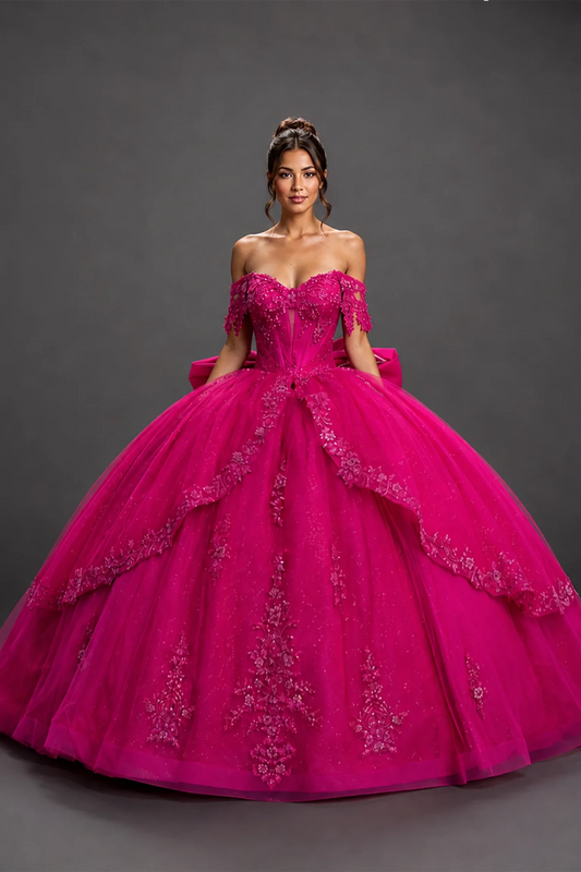 Fuchsia floral embroidered quinceanera dress, full front view