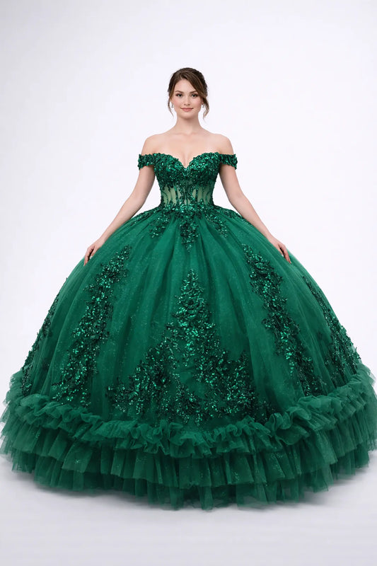 Front view of a woman wearing hunter green quinceañera dress, off-shoulder corset, 3D floral and ruffle tulle skirt