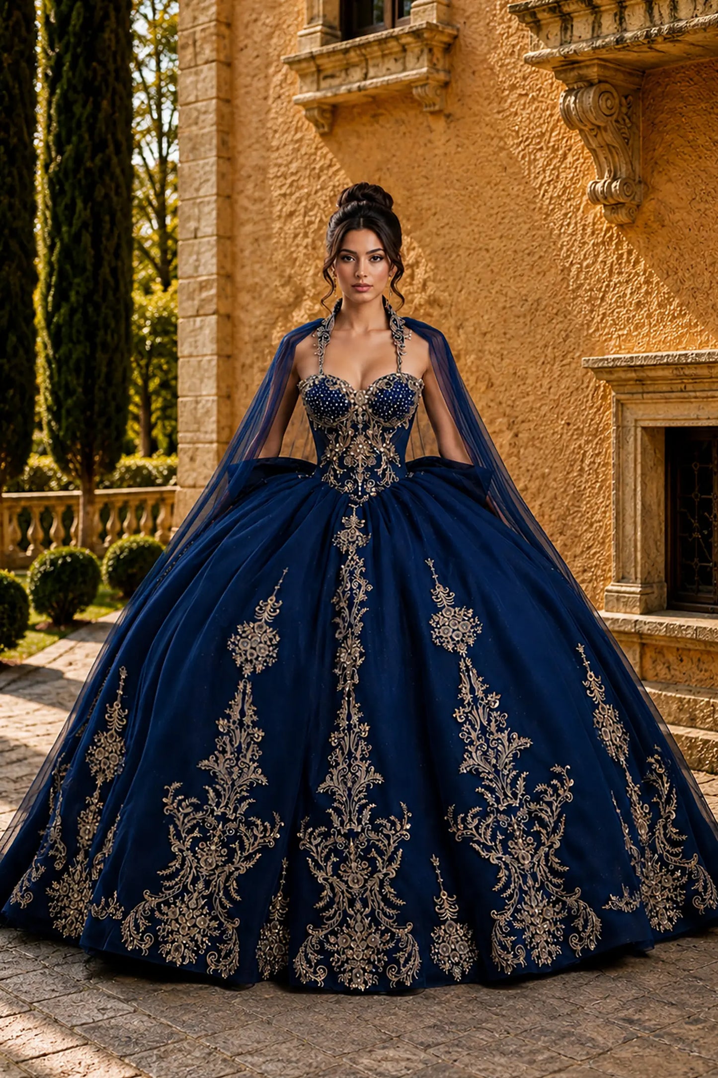 navy quinceanera ball gown with beaded sweetheart bodice, halter neckline, and gold embroidered appliques
