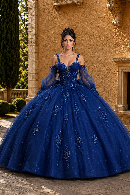 navy quinceanera ball gown with beaded corset bodice, sweetheart neckline, sleeveless, and floral embroidery with detachable puff long sleeves