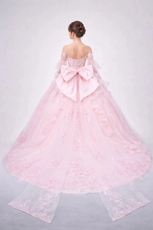 Woman standing back-facing in blush ball gown with lace-up corset bodice, embellished detailing, and cascading full skirt

