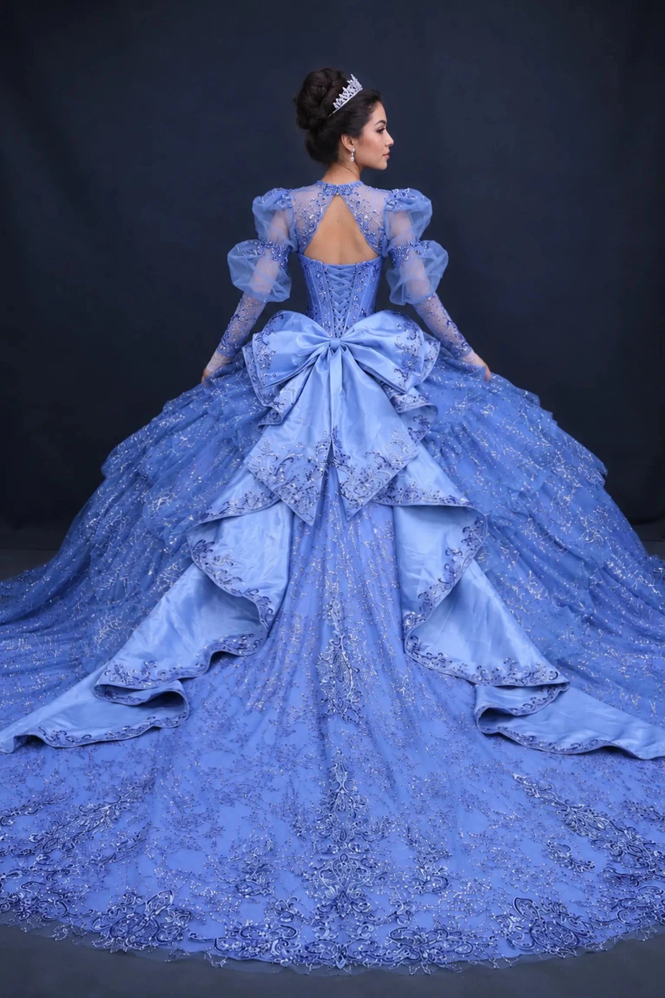 Dusty Blue Quinceañera Ball Gown with Detachable Cape L / Blue