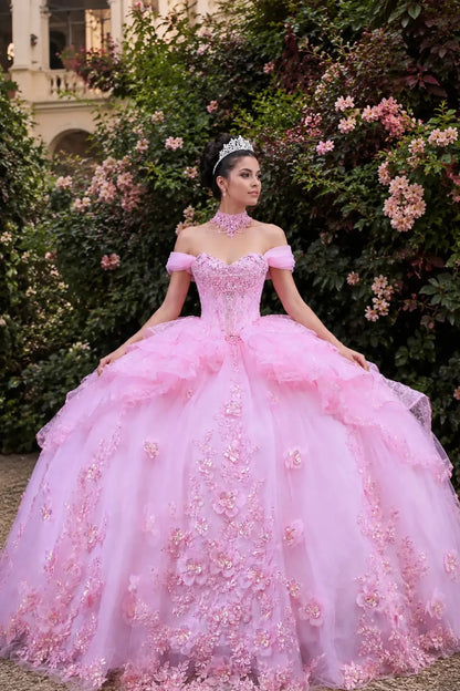 Front view of a woman wearing pink quinceañera, off-shoulder corset, floral, beaded bodice, ruffle skirt, choker accent