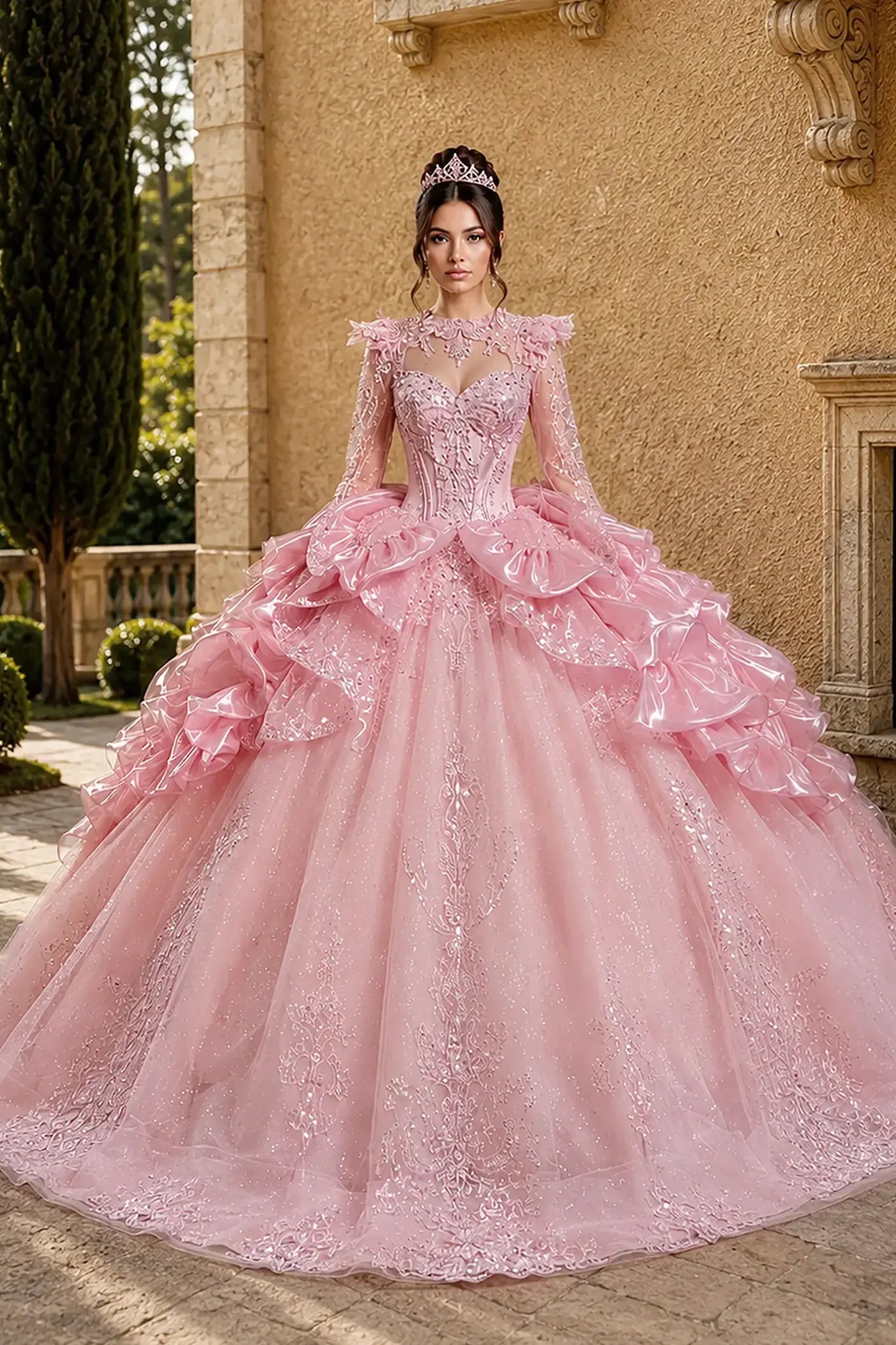 blush quinceanera ball gown with sweetheart corset bodice, sheer lace sleeves, embroidery, and sparkling beadwork