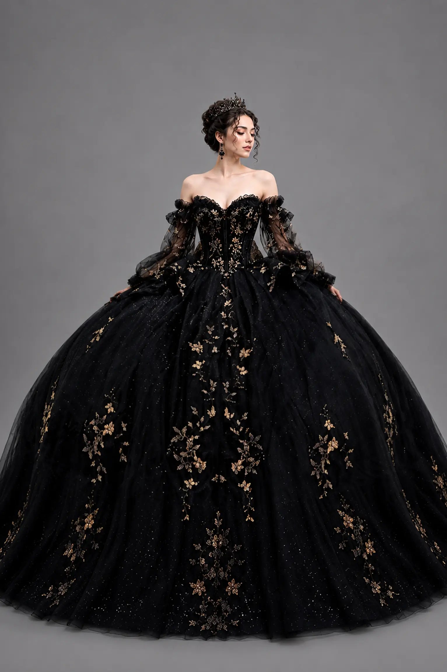Front view of a woman wearing black quinceañera, off-shoulder sweetheart, puff sleeves, embroidered, glitter tulle skirt
