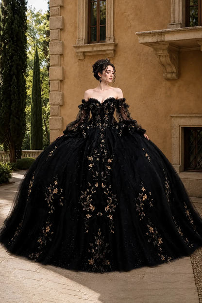 Front view of a woman wearing black quinceañera, off-shoulder sweetheart, puff sleeves, embroidered, glitter tulle skirt
