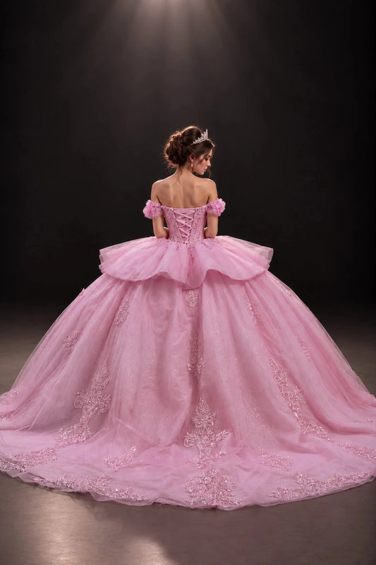Pink embroidered quinceanera dress with lace-up back and bow, full back view