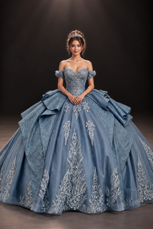 Dusty Blue floral embroidered quinceanera dress with draped skirt, full front view