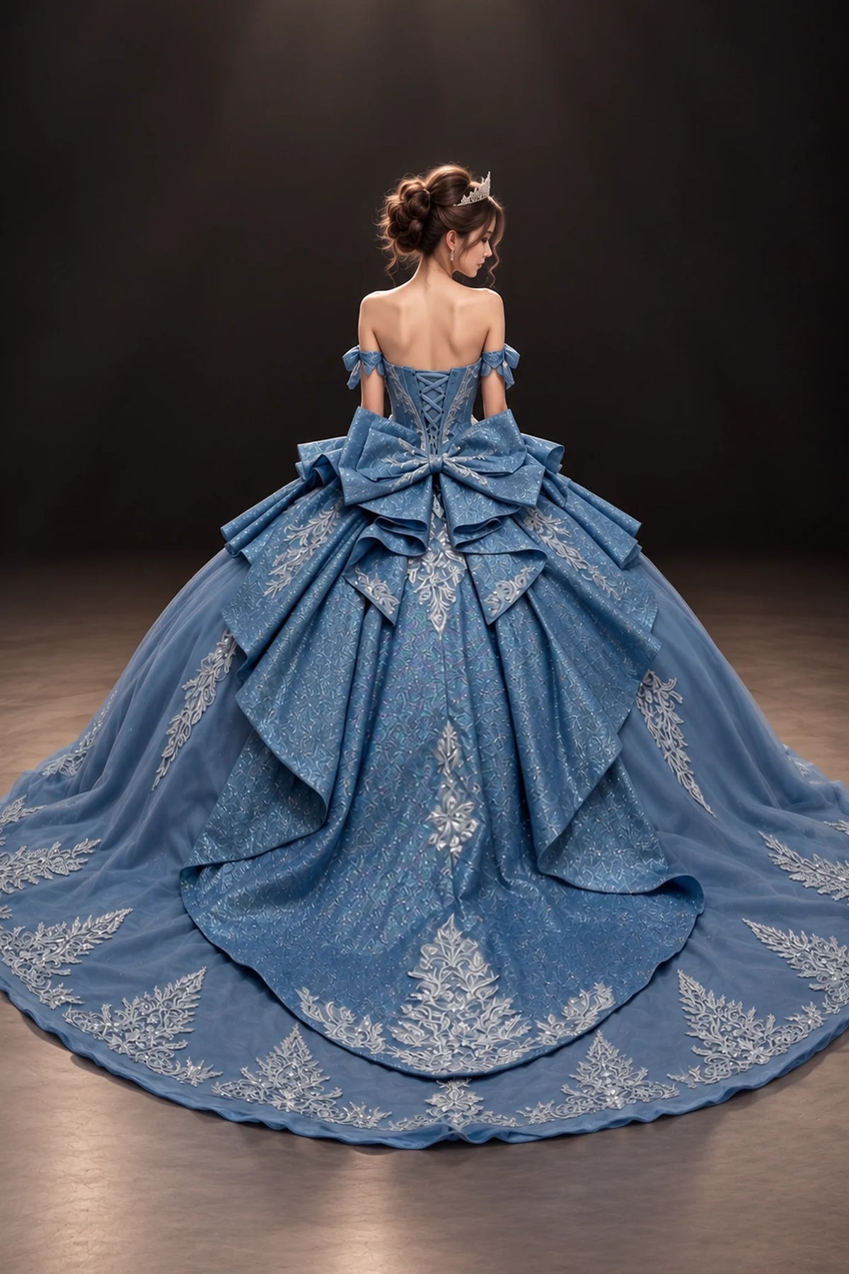Dusty Blue floral embroidered quinceanera dress with lace-up back and bow, full back view
