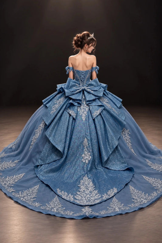 Dusty Blue floral embroidered quinceanera dress with lace-up back and bow, full back view