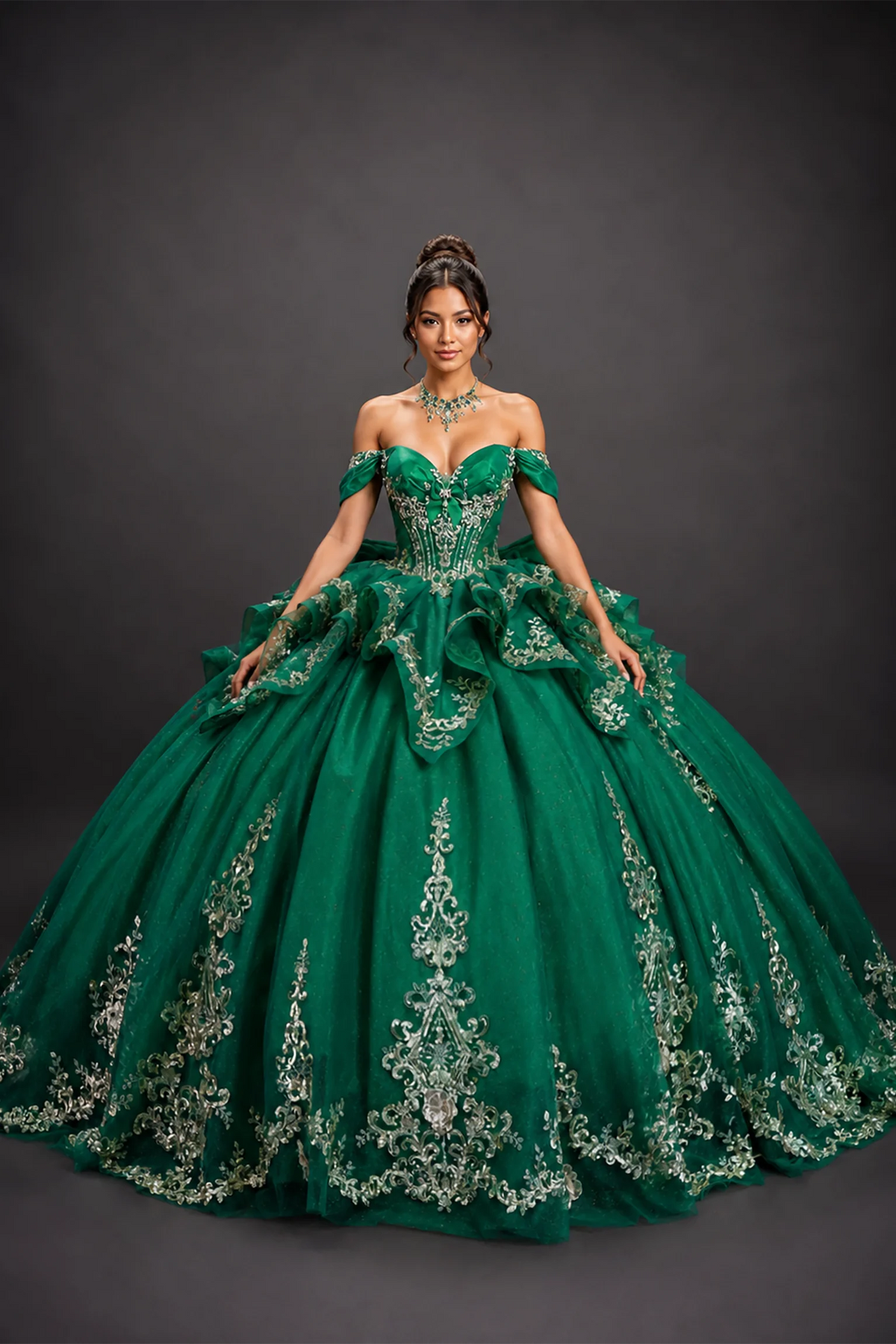 Front view of hunter green quinceañera dress with embellished bodice and ornate floral appliqués