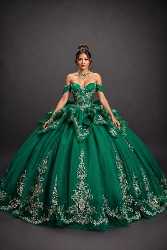 Front view of hunter green quinceañera dress with embellished bodice and ornate floral appliqués