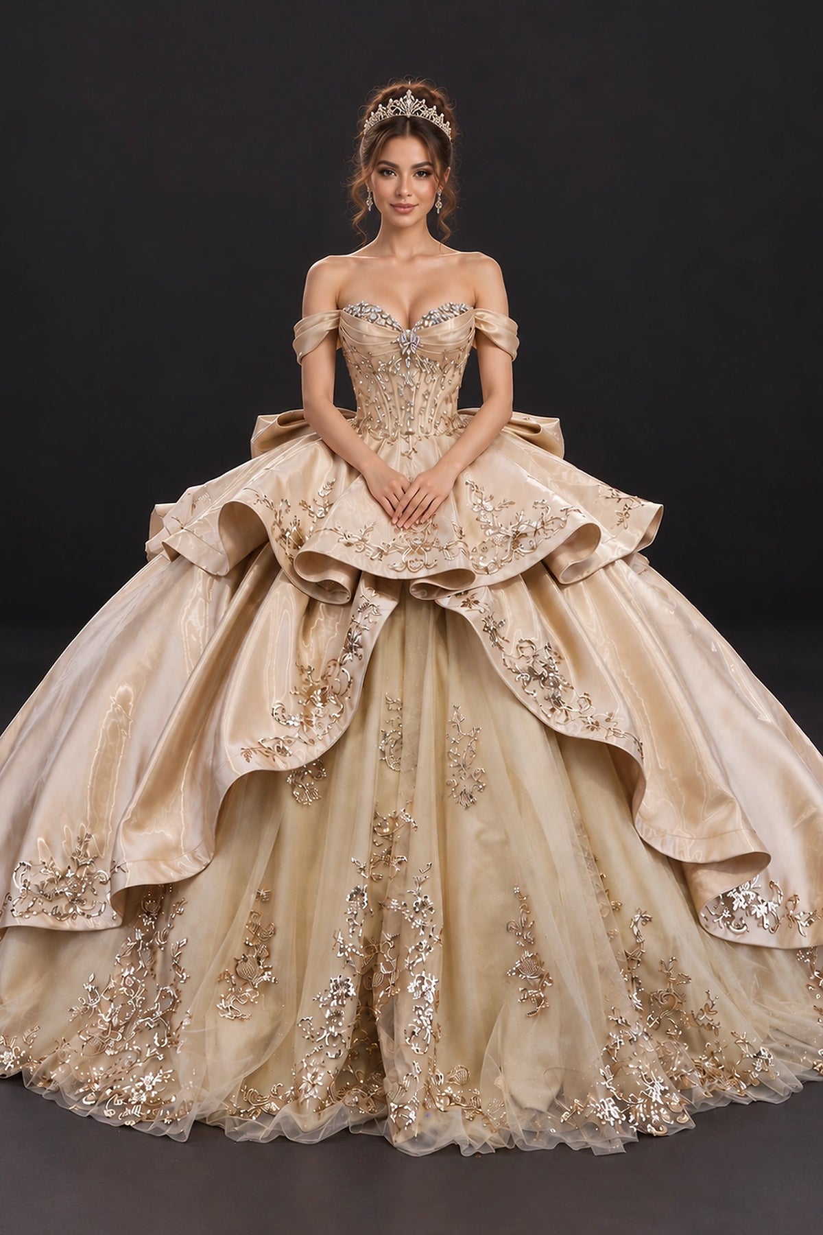 Featuring a floor-length skirt, this Gold quinceañera ball gown is shown in full view.