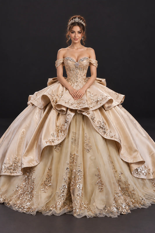 Featuring a floor-length skirt, this Gold quinceañera ball gown is shown in full view.