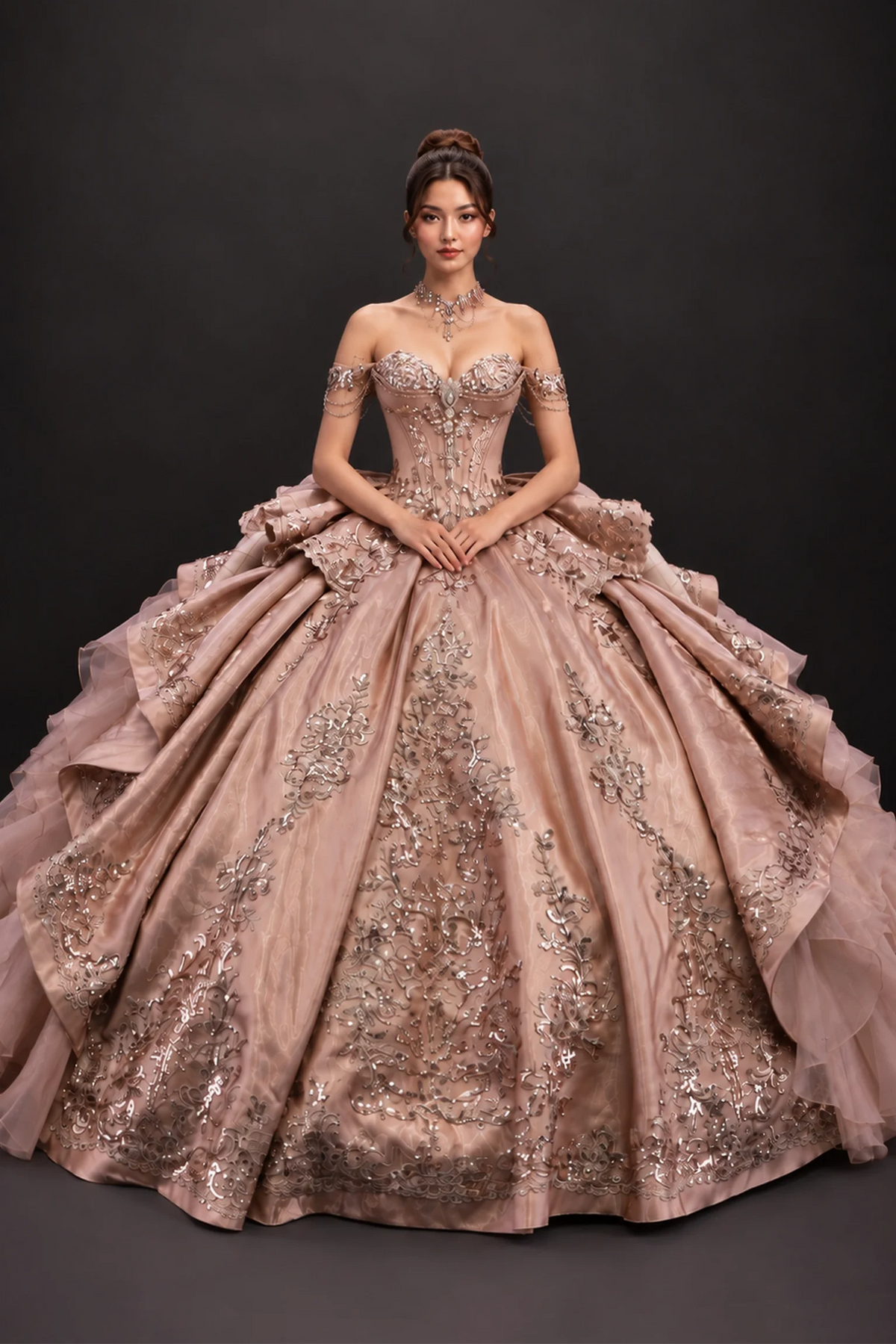 Cinnamon ruffle embroidered quinceanera dress with beaded bodice, full front view