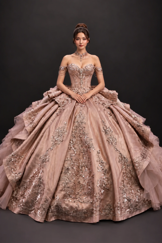 Cinnamon ruffle embroidered quinceanera dress with beaded bodice, full front view