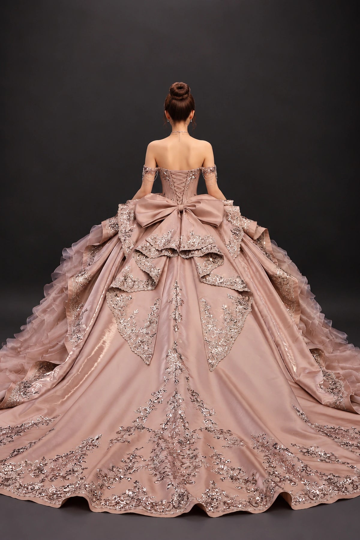 Cinnamon ruffle embroidered quinceanera dress with lace-up back and bow, full back view