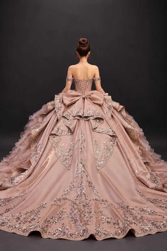 Cinnamon ruffle embroidered quinceanera dress with lace-up back and bow, full back view