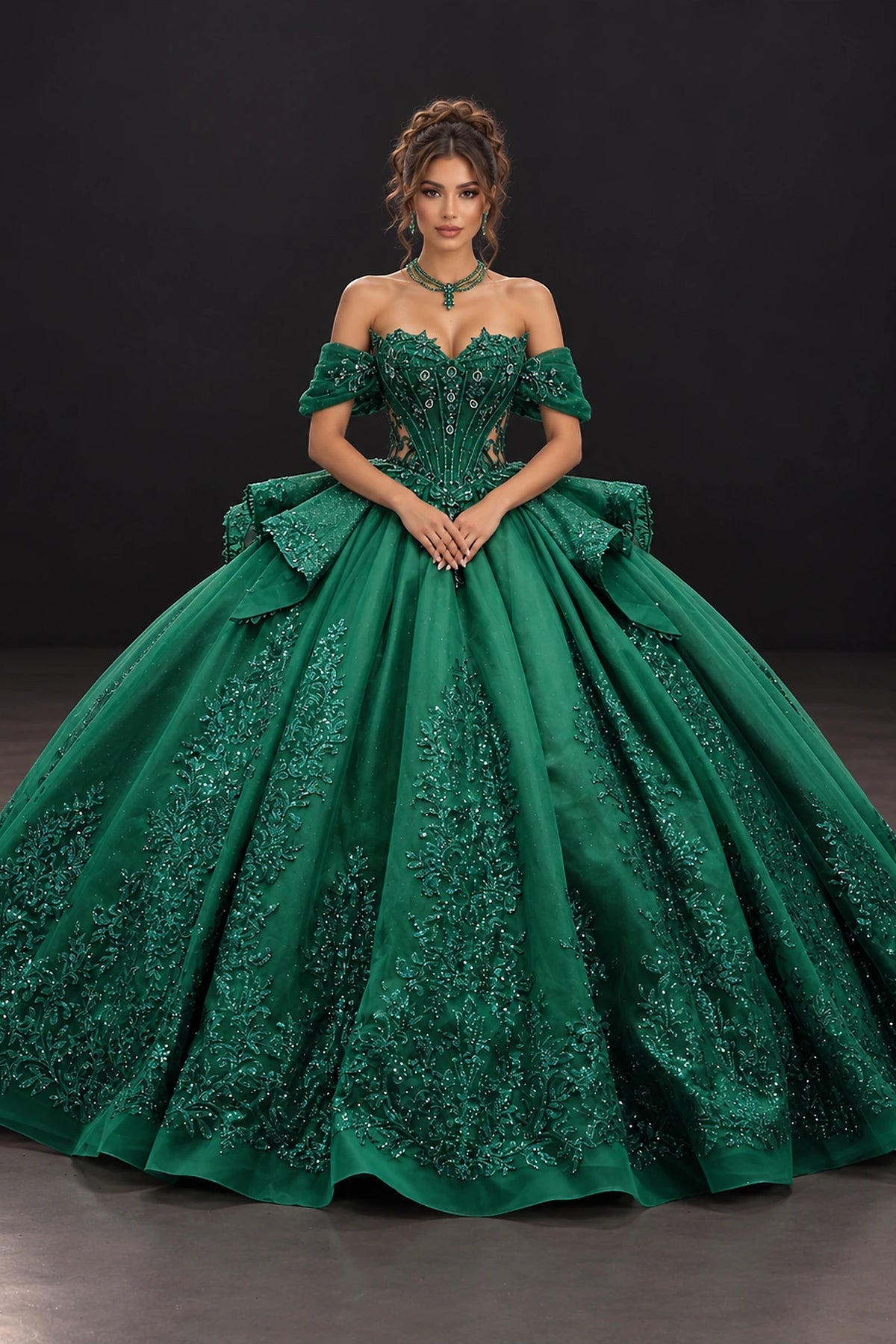 Featuring a floor-length skirt, this Hunter Green quinceañera ball gown is shown in full view.
