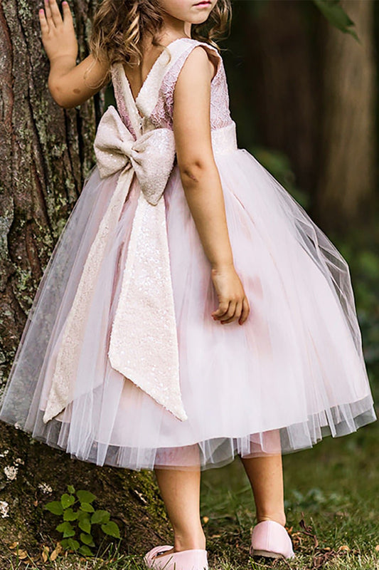 A sleeveless lace tulle sequin V-back flower girl dress.