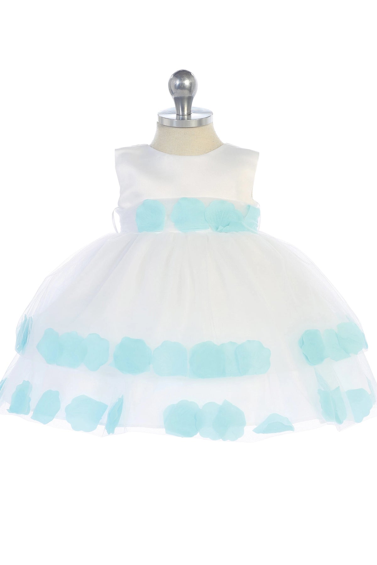 Aqua petals stripe the skirt of this white flower girl dress.