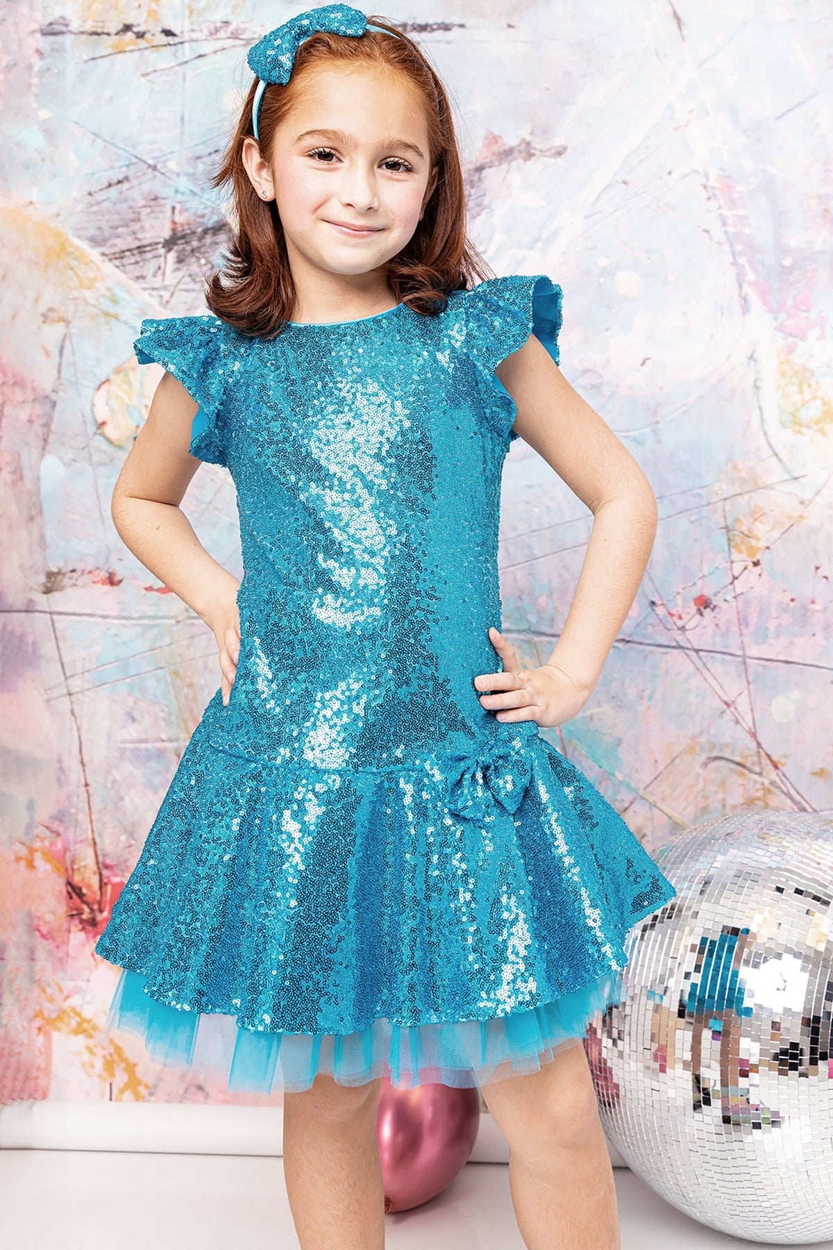 Front view of blue Sequin Butterfly Ruffle sleeves Tulle flower girl dress Dress Isabel Dress.
